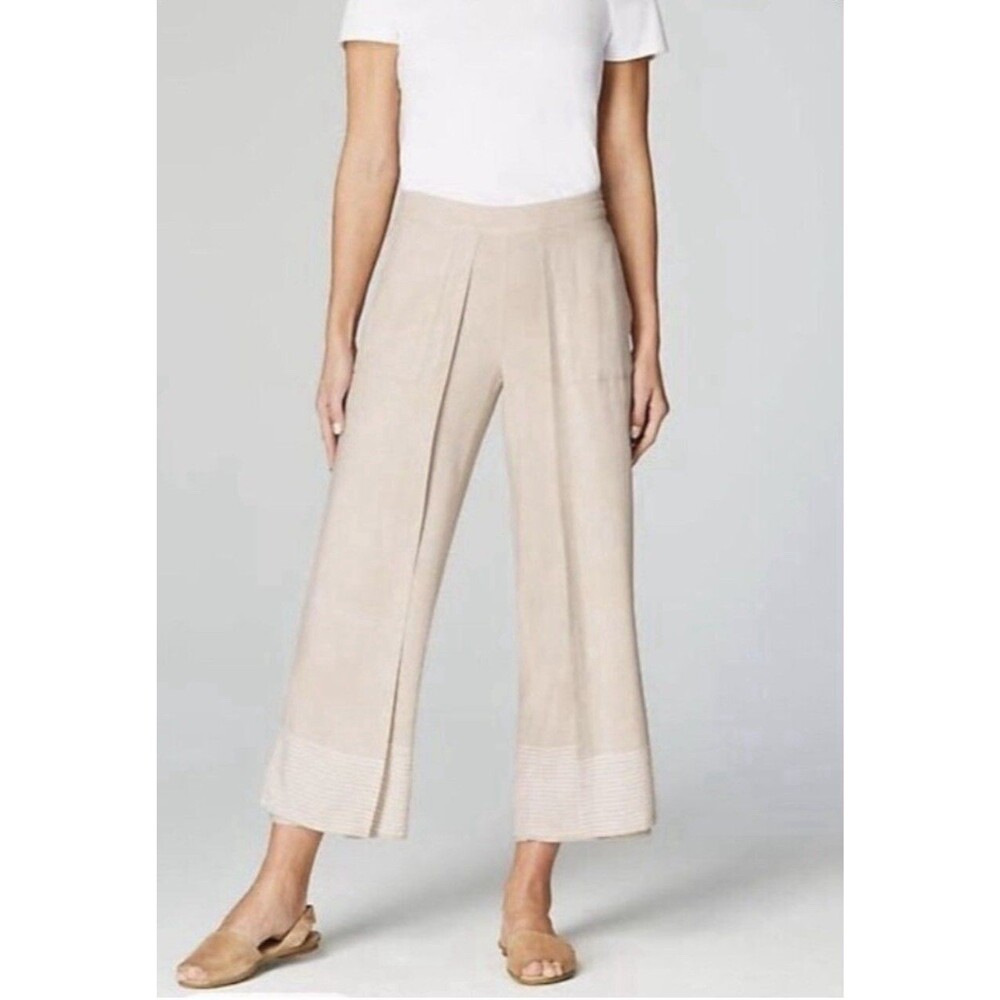 PureJill Women’s Tan Linen Wrap Style‎ Wide Leg Pants Culottes Large Coastal